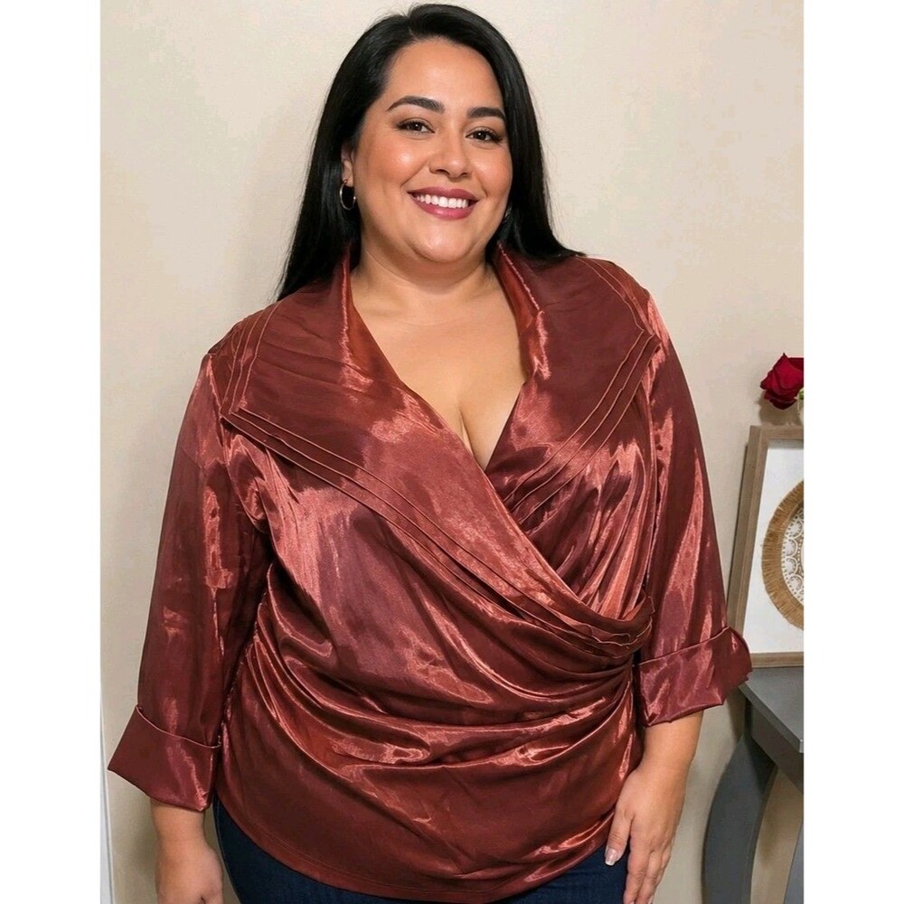 CACHET Shimmer Wrap Blouse  Womens Bronze Copper Metallic Portrait Collar Sz 22W